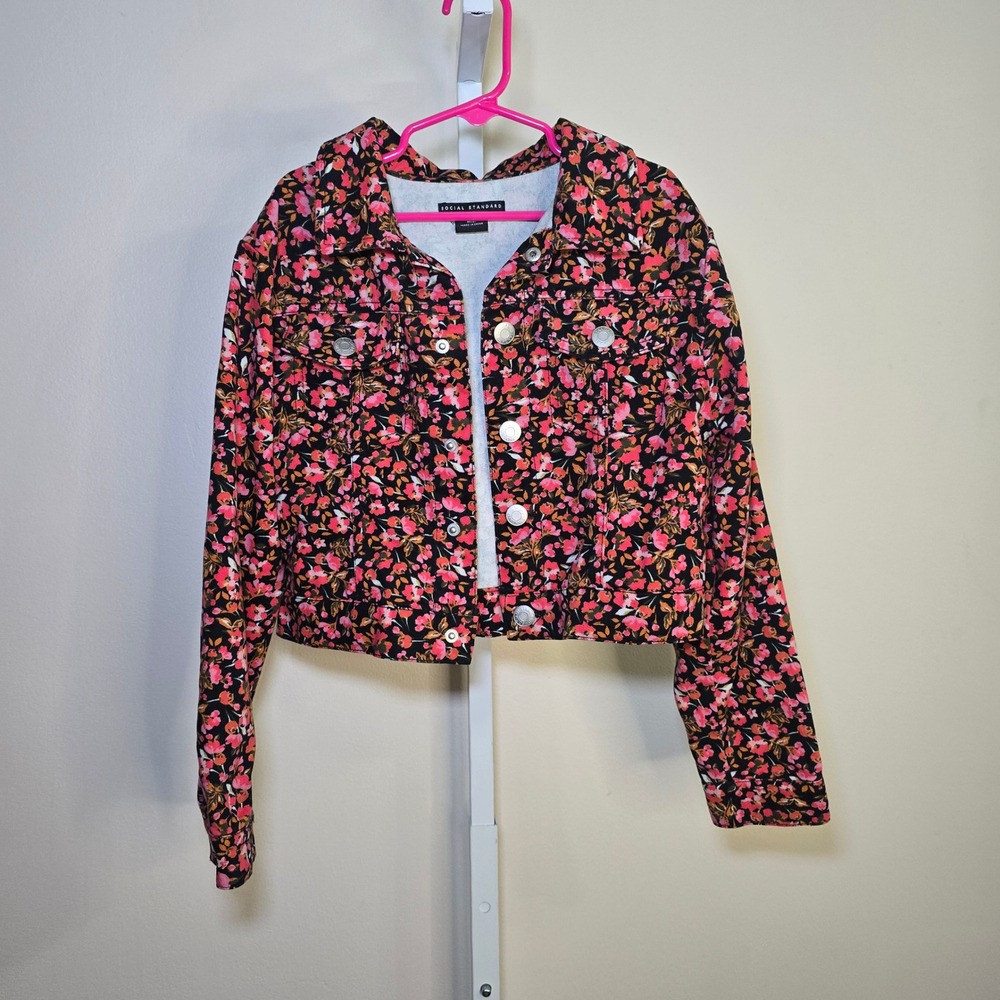 Social Standard by Sanctuary Girls Floral Denim Jacket Pink Orange Black Size 8